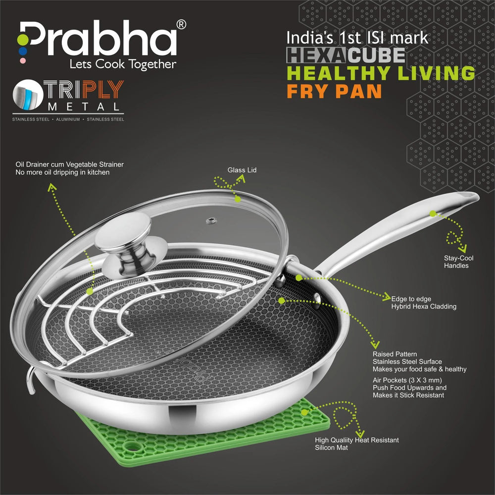Tri-Ply Hexa Cube Stick-Resistant Frypan With Glass Lid & Oil Drainer