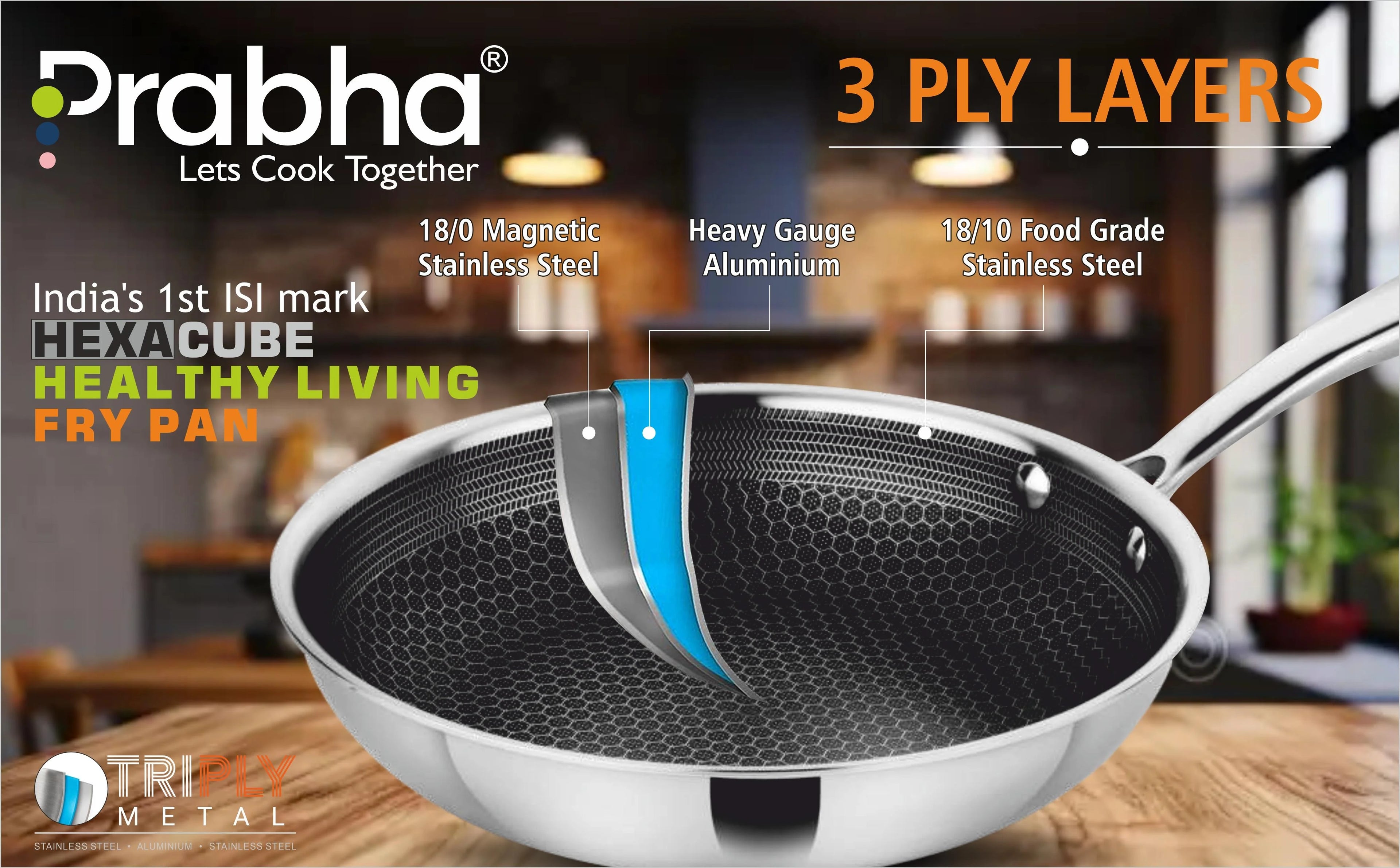Tri-Ply Hexa Cube Stick-Resistant Frypan With Glass Lid & Oil Drainer