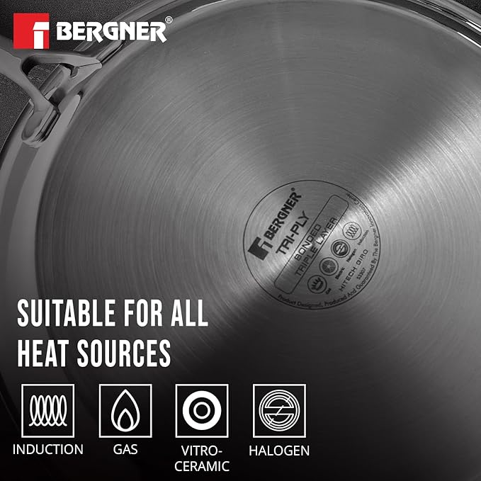 BERGNER Hi-Tech Giro Triply Stainless Steel 28cm Dosa Tawa, Honeycomb Mesh Non-Stick Coating, PFOA Free, Even Heat Distribution, Sturdy and Durable Stay Cool Handle - Induction and Gas Stove Ready