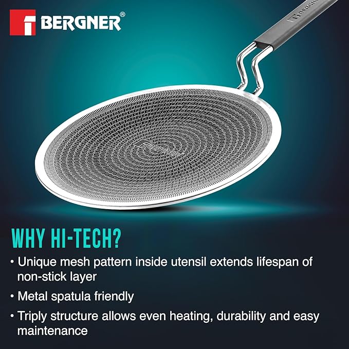 BERGNER Hi-Tech Giro Triply Roti Tawa 26cm, Non-Stick Tava for Chapati/Paratha, Honeycomb Non-Stick Coating, PFOA Free, Healthy Cooking, Stay Cool Handle, Induction and Gas Stove Ready
