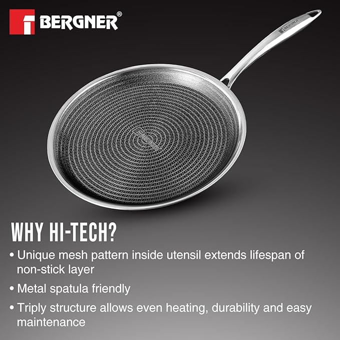 BERGNER Hi-Tech Giro Triply Stainless Steel 28cm Dosa Tawa, Honeycomb Mesh Non-Stick Coating, PFOA Free, Even Heat Distribution, Sturdy and Durable Stay Cool Handle - Induction and Gas Stove Ready