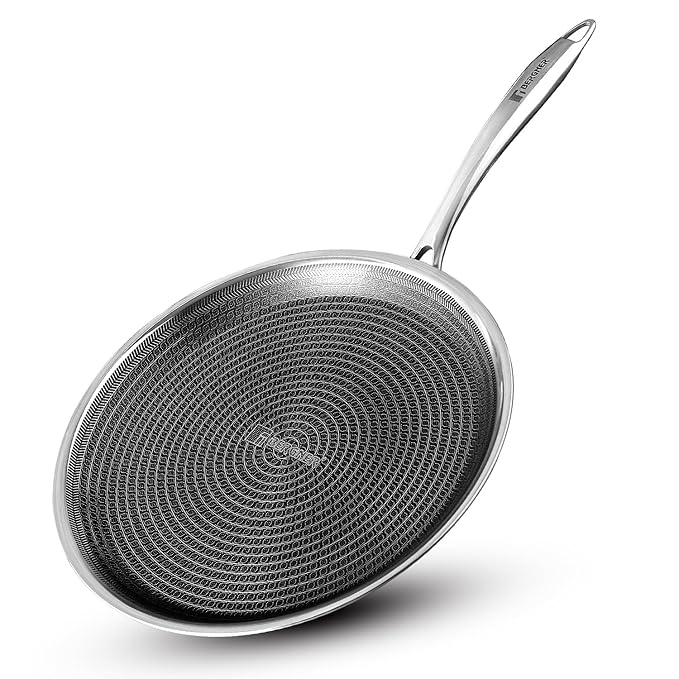 BERGNER Hi-Tech Giro Triply Stainless Steel 28cm Dosa Tawa, Honeycomb Mesh Non-Stick Coating, PFOA Free, Even Heat Distribution, Sturdy and Durable Stay Cool Handle - Induction and Gas Stove Ready