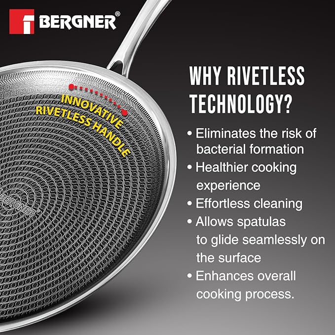 BERGNER Hi-Tech Giro Triply Stainless Steel 28cm Dosa Tawa, Honeycomb Mesh Non-Stick Coating, PFOA Free, Even Heat Distribution, Sturdy and Durable Stay Cool Handle - Induction and Gas Stove Ready