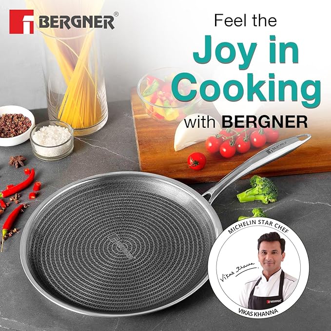 BERGNER Hi-Tech Giro Triply Stainless Steel 28cm Dosa Tawa, Honeycomb Mesh Non-Stick Coating, PFOA Free, Even Heat Distribution, Sturdy and Durable Stay Cool Handle - Induction and Gas Stove Ready