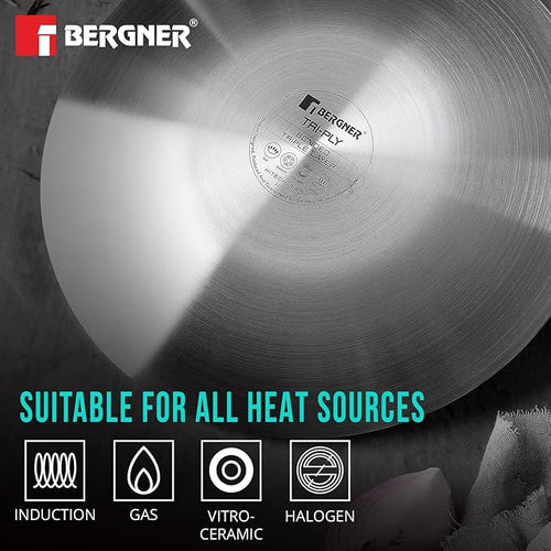 BERGNER Hi-Tech Giro Triply Stainless Steel 28cm Dosa Tawa, Honeycomb Mesh Non-Stick Coating, PFOA Free, Even Heat Distribution, Sturdy and Durable Stay Cool Handle - Induction and Gas Stove Ready