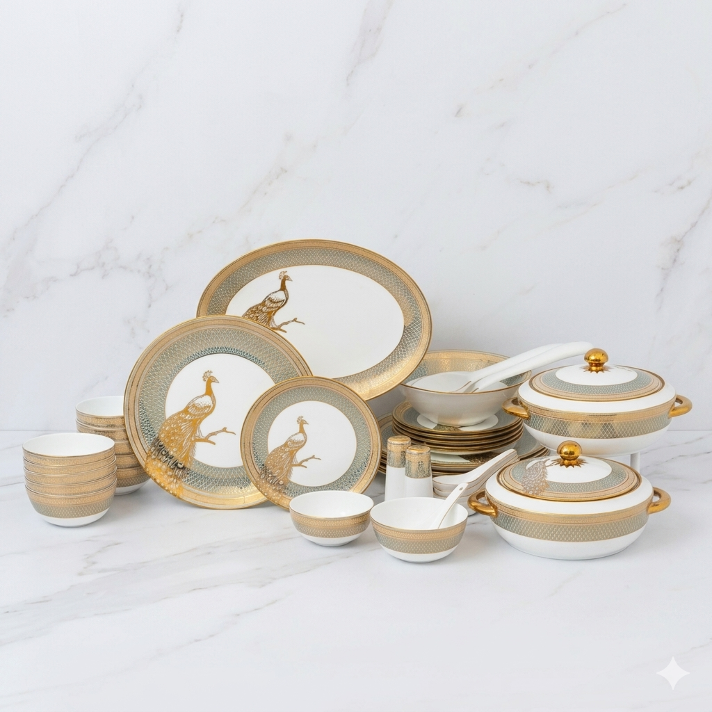 PURE GOLD PLATED PEACOCK DESIGN 73 DINNER SET BONE CHINA