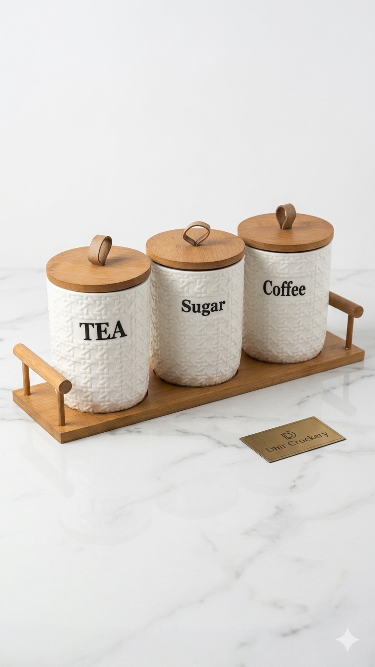 PREMIUM TEA-SUGAR-COFFE POT WITH WOODEN TREY