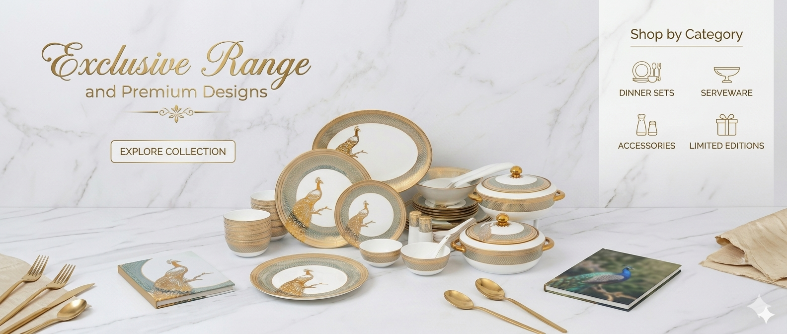 PURE GOLD PLATED PEACOCK DESIGN 73 DINNER SET BONE CHINA