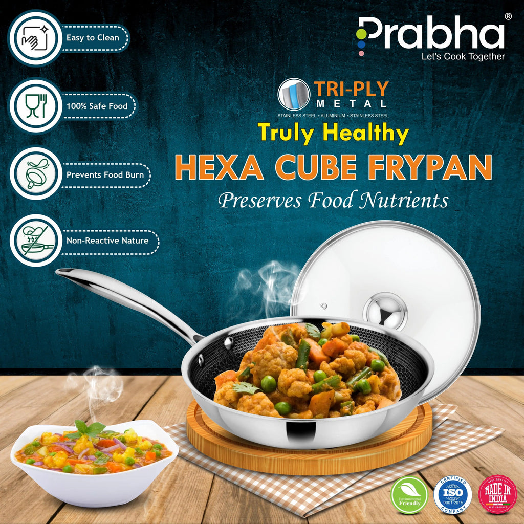 Tri-Ply Hexa Cube Stick-Resistant Frypan With Glass Lid & Oil Drainer