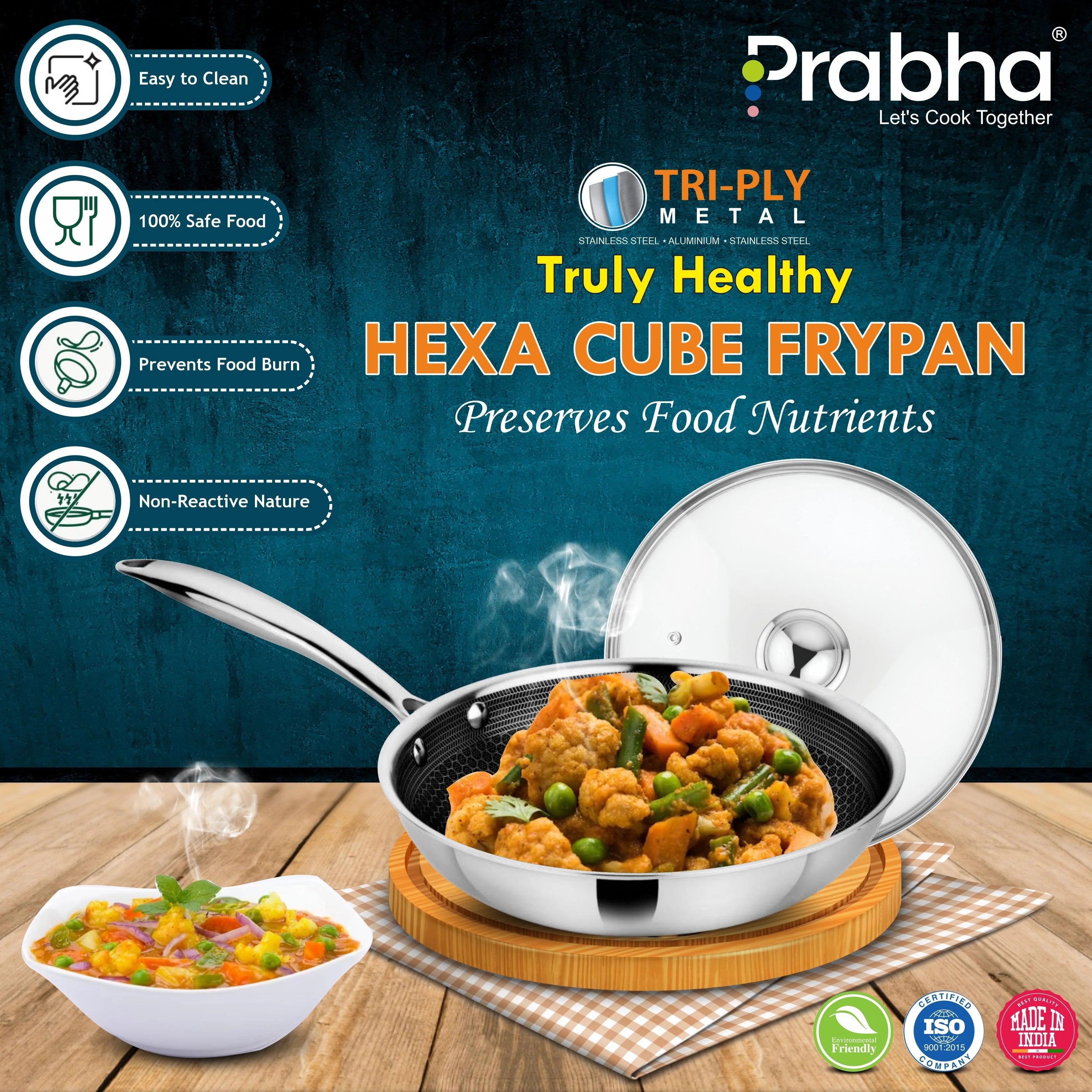 Tri-Ply Hexa Cube Stick-Resistant Frypan With Glass Lid & Oil Drainer