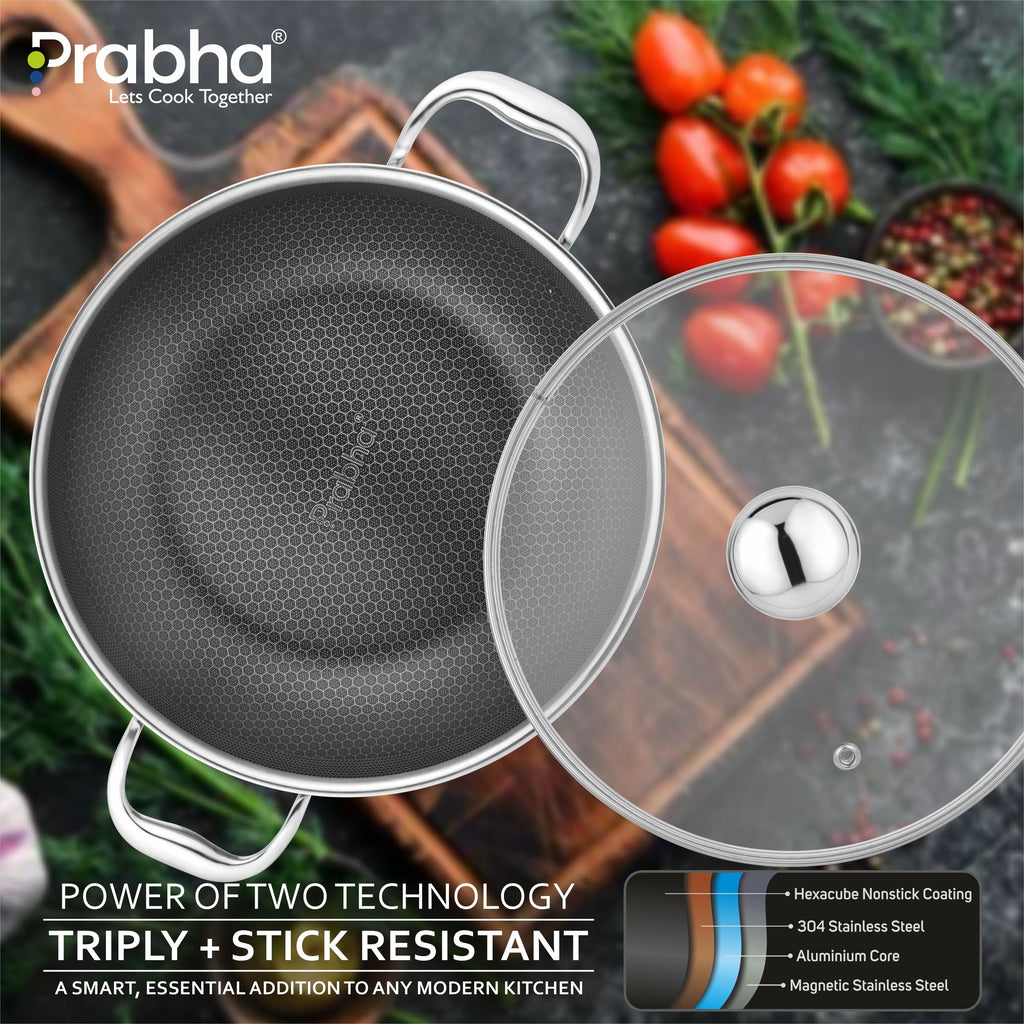 Tri-ply Hexa Cube Kadhai With Lid With Honeycomb Surface