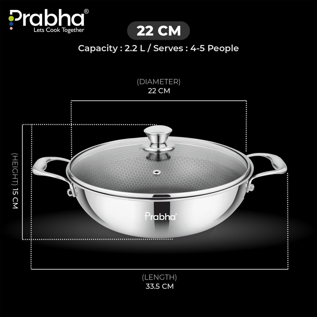 Tri-ply Hexa Cube Kadhai With Lid With Honeycomb Surface