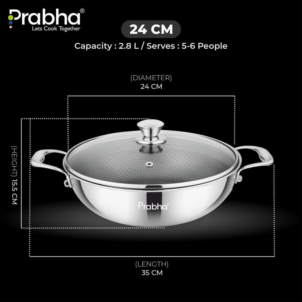 Tri-ply Hexa Cube Kadhai With Lid With Honeycomb Surface