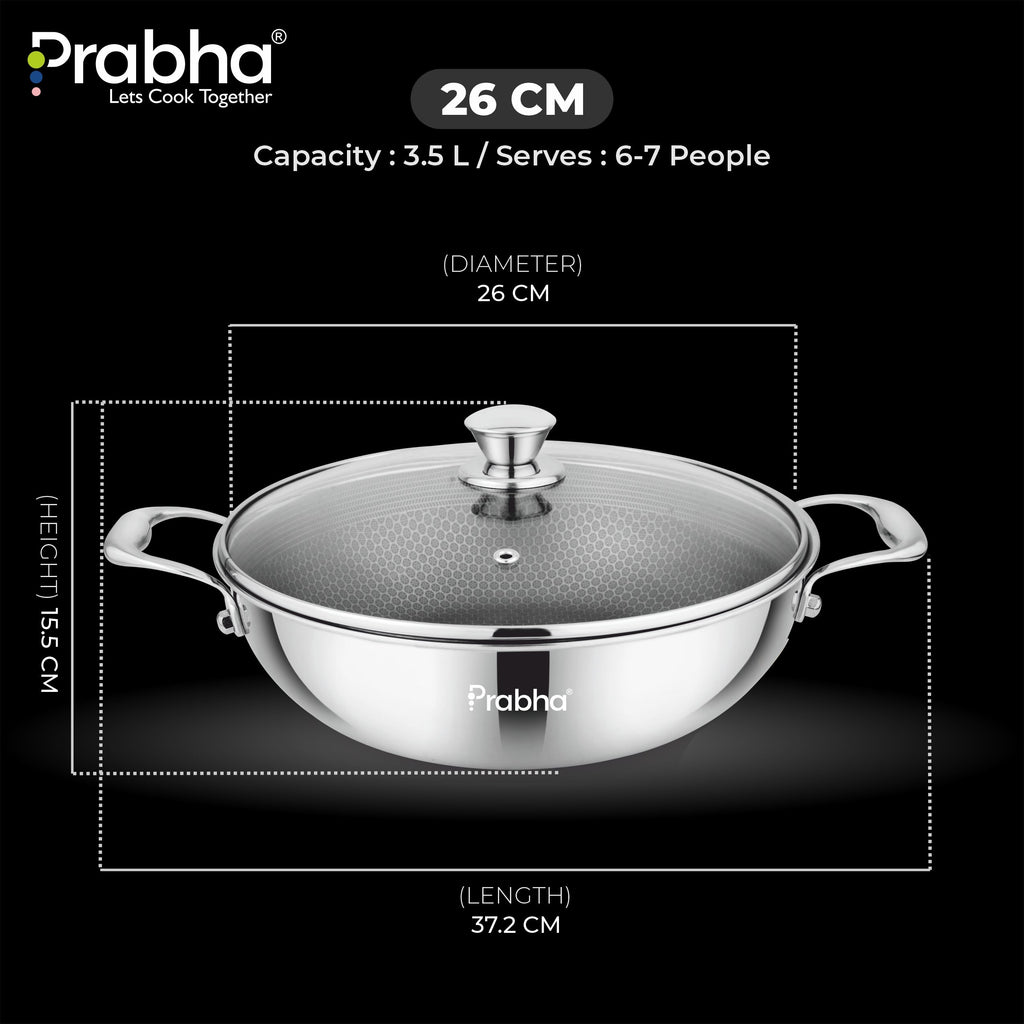 Tri-ply Hexa Cube Kadhai With Lid With Honeycomb Surface